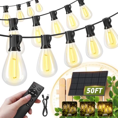 50FT Solar String Lights Outdoor, 18+1LED Shatterproof Bulbs with Remote & USB Port, Waterproof 3 Modes Dimmable