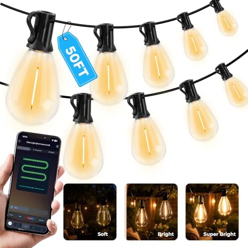 50FT String Lights Waterproof, LED Outdoor Lights with Remote APP Control in Soft White