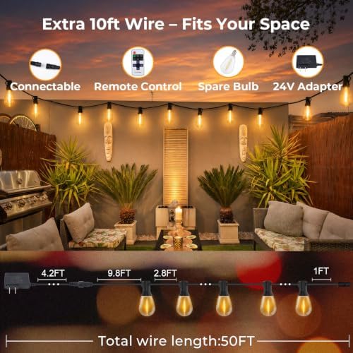 50FT String Lights Waterproof, LED Outdoor Lights with Remote APP Control in Soft White, alternate view 6