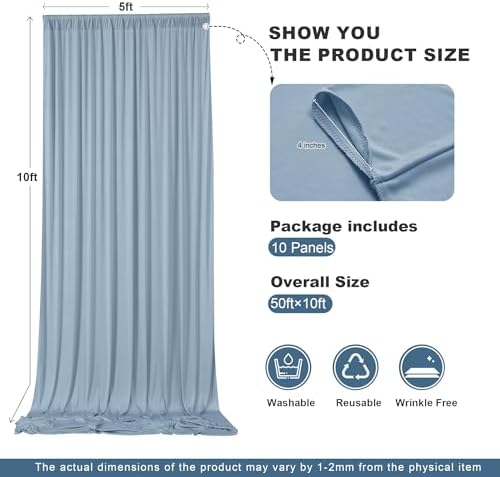 50ft x 10ft Dusty Blue Backdrop Drapes for Wedding Parties, 10 Panels Wrinkle-Free Polyester Fabric Background, alternate