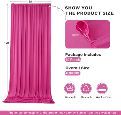 50ft x 10ft Fuchsia Backdrop Drapes for Wedding Parties, 10 Panels Wrinkle-Free Polyester Fabric Background, alternate view 4