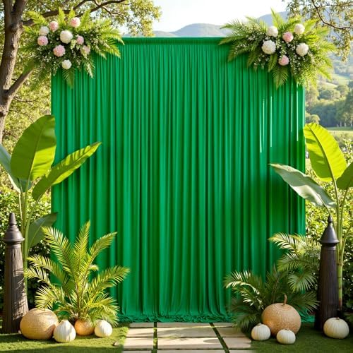 50ft x 10ft Green Backdrop Drapes for Parties, 10 Panels Wrinkle-Free Polyester Background Curtains for Wedding