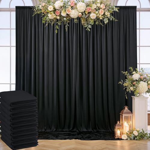 50ft x 10ft Wrinkle Free Black Backdrop Curtain for Parties, 10 Panels Silky Polyester Black Weddings Drapes for