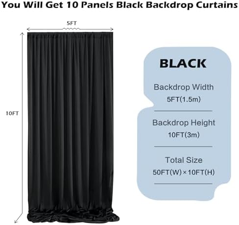 50ft x 10ft Wrinkle Free Black Backdrop Curtain for Parties, 10 Panels Silky Polyester Black Weddings Drapes for, alternate