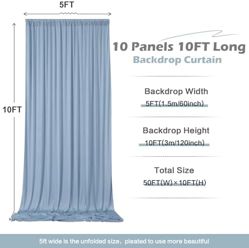 50ft x 10ft Wrinkle Free Dusty Blue Backdrop Curtain for Parties, 10 Panels 5x10ft Silky Polyester Backdrop, alternate view 6