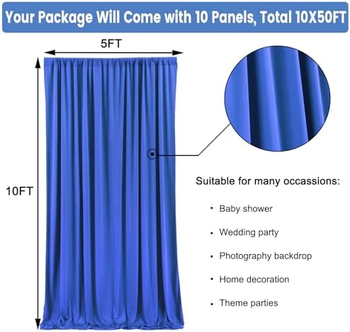 50ft x 10ft Wrinkle Free Royal Blue Backdrop Curtain for Party, Polyester Royal Blue Photo Backdrop Drapes 10, alternate view