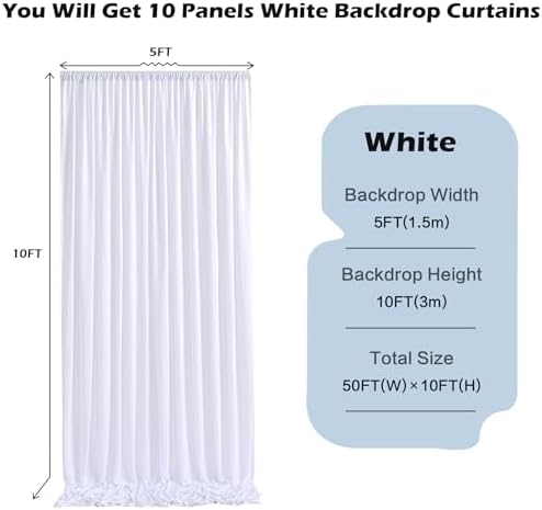 50ft x 10ft Wrinkle Free White Backdrop Curtains for Parties Wedding, 10 Panels 5x10ft Silky Soft Polyester, alternate view 2