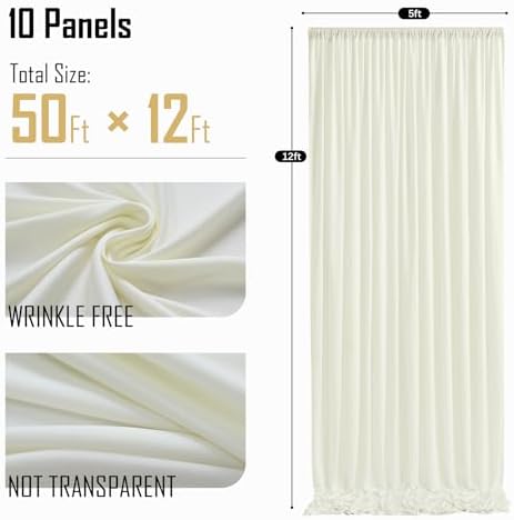50ft x 12ft Ivory Wrinkle-Free Backdrop Curtain for Wedding Parties, Thick Polyester 10 Panels 5x12ft for, alternate view 6