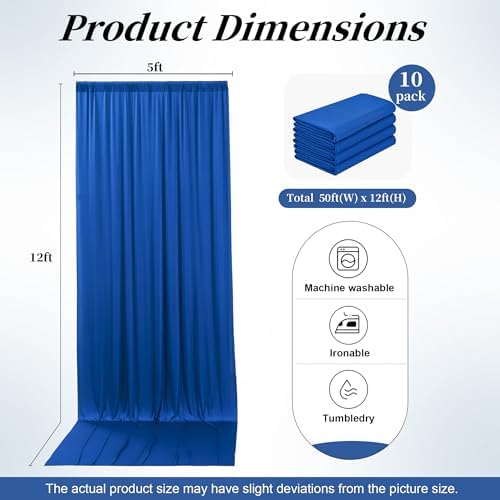 50ft x 12ft Wrinkle Free Royal Blue Backdrop Curtains for Parties, 10 Panels 12FT Long Photo Backdrop Drapes, alternate view