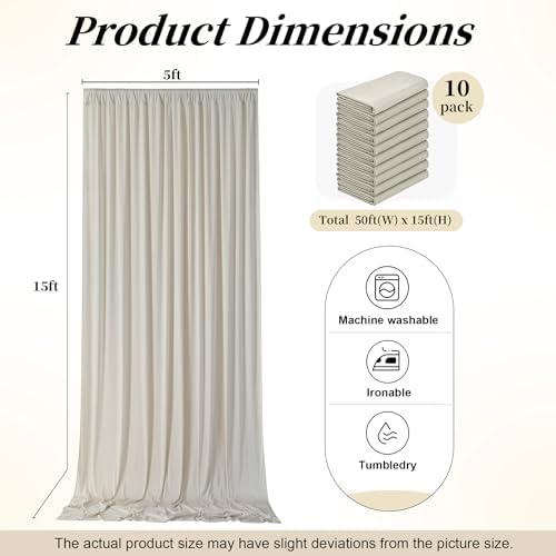50ft x 15ft Beige Backdrop Curtains for Wedding Parties, 10 Panels Extra Long Wrinkle Free Fabric Drapes Photo, alternate