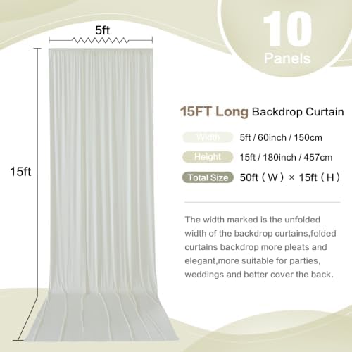 50ft x 15ft Ivory Backdrop Curtain for Wedding Party 10 Panels 5x15ft Wrinkle Free Silky Polyester Backdrop, alternate view 3