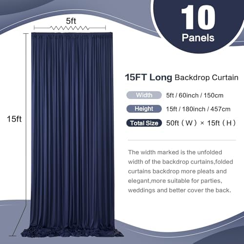 50ft x 15ft Navy Blue Backdrop Curtain for Wedding Party 10 Panels 5x15ft Wrinkle Free Silky Polyester Backdrop, alternate