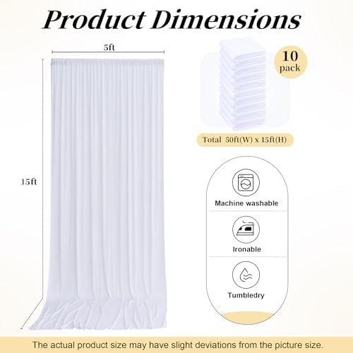 50ft x 15ft White Backdrop Curtains for Wedding Parties, 10 Panels Extra Long Wrinkle Free Fabric Drapes Photo, alternate