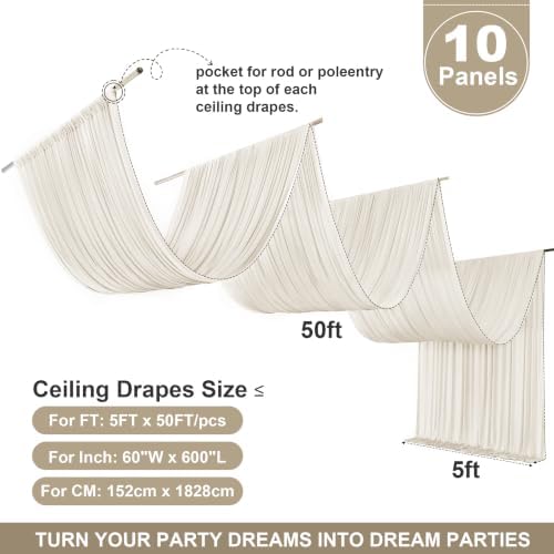 50FT x 50FT Beige Ceiling Drapes for Wedding Party Decor in 60"W x 600"L (Pack of 10) in Beige, alternate view 2