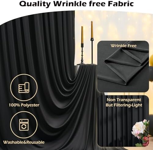 50ft x 8ft Wrinkle Free Black Backdrop Curtain for Parties Weddings, 10 Panels Silk Polyester Black Drapes for, alternate