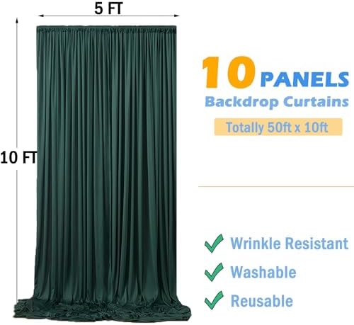 50ftx10ft Wrinkle Free Hunter Green Backdrop Curtains for Party Background, 10 Panels Silky Fabric Green Photo, alternate
