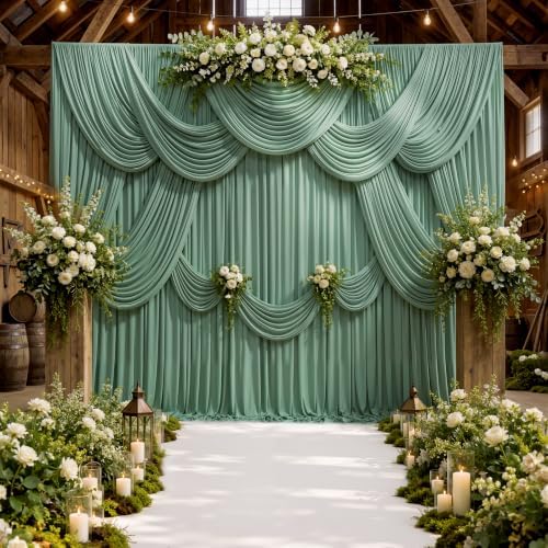 50ftx10ft Wrinkle Free Sage Green Backdrop Curtains for Parties, Polyester Green Photo Backdrop Drapes 10 Panels