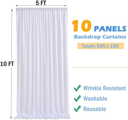 50ftx10ft Wrinkle Free White Backdrop Curtain for Party Background, 10 Panels Silky Polyester Photo Backdrop, alternate view