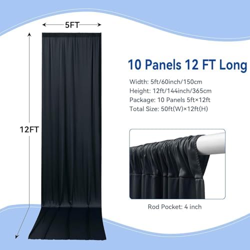 50ftx12 ft Wrinkle Free Black Backdrop Curtain for Wedding Parties,10 Panels 5x12 ft Long Silky Polyester Photo, alternate
