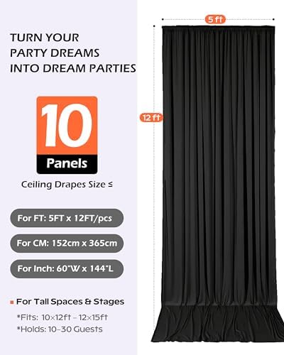 50ftx12ft Black Backdrop Curtain for Wedding & Halloween Parties in W5' x H12'(10 panels) in Black, alternate view 4