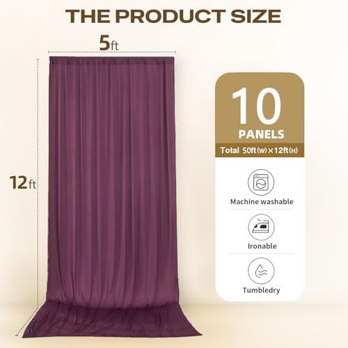 50ftx12ft Burgundy Backdrop Curtains for Parties, Wrinkle Free Polyester Burgundy Photo Backdrop Drapes 10, alternate view 5