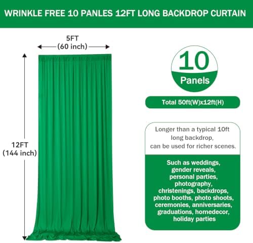 50FTx12FT Green Backdrop Curtains for Weddings, Birthdays and Photography in W5' x H12'(10 panels) in Green, alternate view 7