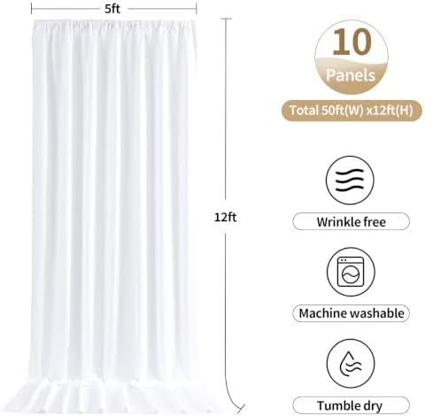 50ftx12ft White Backdrop Curtain for Parties, Thick Polyester 10 Panesl 12 ft Long Wedding Photo Backdrop Drapes, alternate
