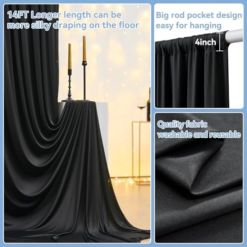 50FTx14FT Black Backdrop Curtains for Wedding Party, Birthday and Halloween in W5' x H14'(10 panels) in black, alternate view