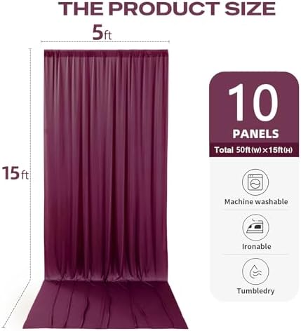 50ftx15ft Burgundy Backdrop Curtains for Parties, Wrinkle Free Polyester Burgundy Photo Backdrop Drapes 10, alternate view 5