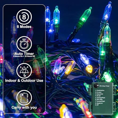 50LED Battery Operated String Lights with Timer 8 Modes Waterproof Outdoor Indoor for Christmas Decor Multicolor, alternate