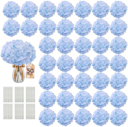 50PCS Blue Hydrangea Artificial Flowers with Stronger Bendable Stems in Blue