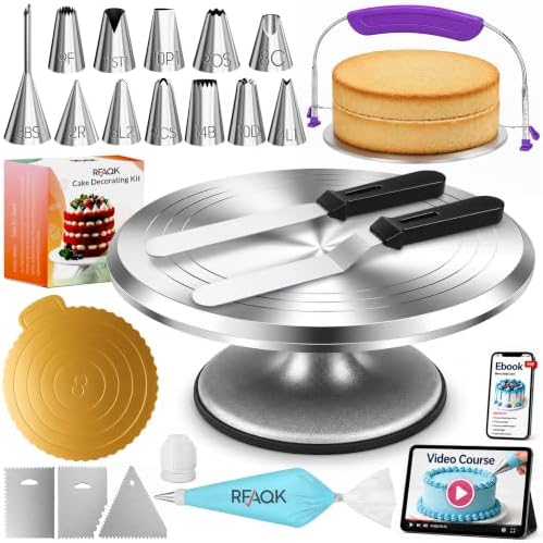 50PCs Cake Decorating Supplies Kit with 12" Aluminum Rotating Cake Turntable Stand, Professional Leveler