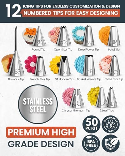 50PCs Cake Decorating Supplies Kit with 12" Aluminum Rotating Cake Turntable Stand, Professional Leveler, alternate view 4
