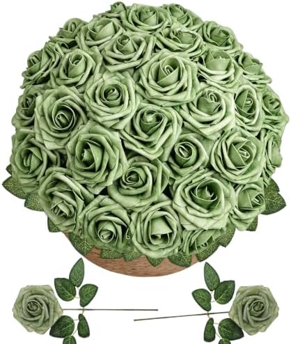 50pcs Elf Green Foam Fake Roses with Stems DIY Wedding Bouquets in Elf Green