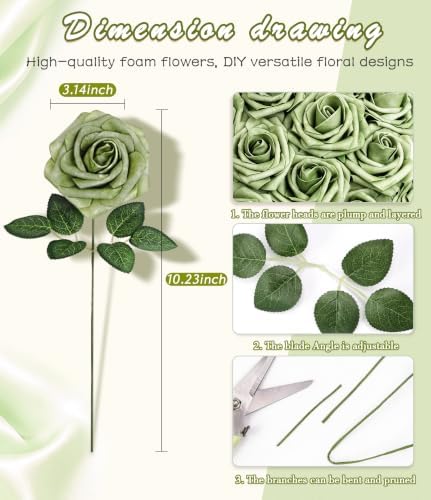 50pcs Elf Green Foam Fake Roses with Stems DIY Wedding Bouquets in Elf Green, alternate view 2
