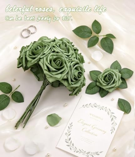 50pcs Elf Green Foam Fake Roses with Stems DIY Wedding Bouquets in Elf Green, alternate view 3