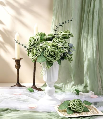 50pcs Elf Green Foam Fake Roses with Stems DIY Wedding Bouquets in Elf Green, alternate view 5