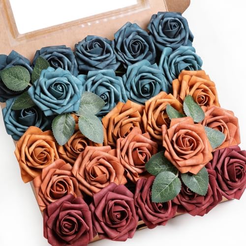 50pcs Orange-Blue Tones Foam Fake Roses with Stems Home Decor in Orange Blue Tones