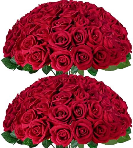 50Pcs Red Roses Artificial Flowers with Stems for Home Decor in Red