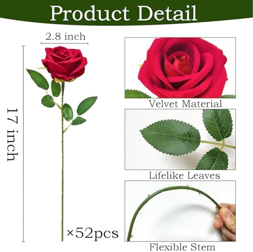 50Pcs Red Roses Artificial Flowers with Stems for Home Decor in Red, alternate view 3