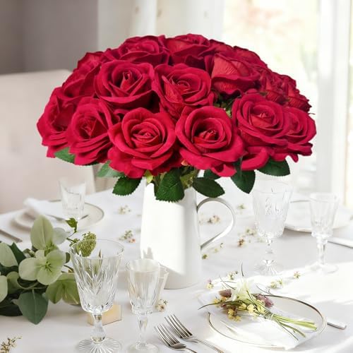 50Pcs Red Roses Artificial Flowers with Stems for Home Decor in Red, alternate view 4