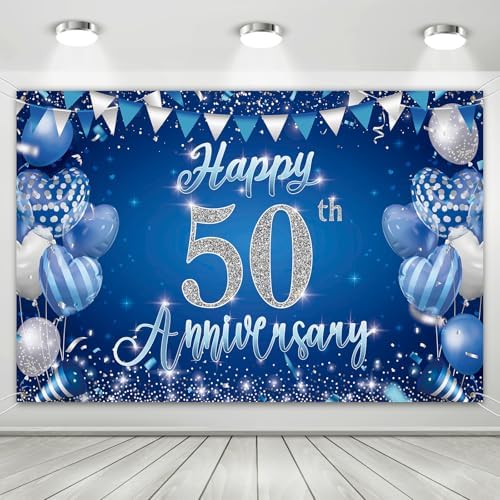 50th Anniversary Backdrop, Blue & Silver Happy 50th Wedding Anniversary Photo Background Wall Decor, Couples