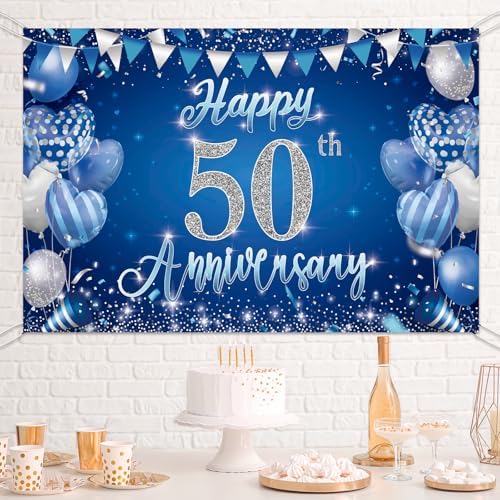 50th Anniversary Backdrop, Blue & Silver Happy 50th Wedding Anniversary Photo Background Wall Decor, Couples, alternate view