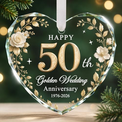 50th Anniversary Ornament - Heart Glass Wedding Gifts for Couple 2026 in Gold - 50th Anniversary