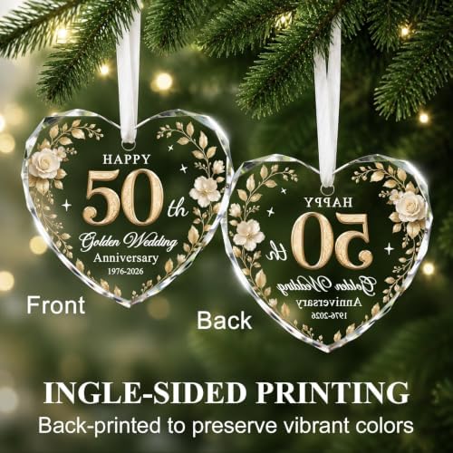 50th Anniversary Ornament - Heart Glass Wedding Gifts for Couple 2026 in Gold - 50th Anniversary, alternate view 2