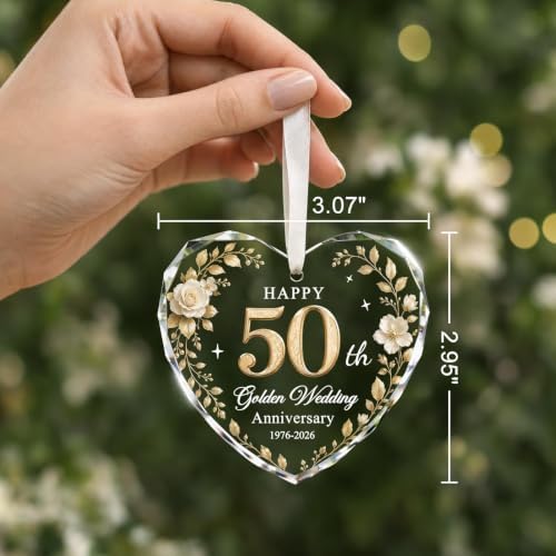 50th Anniversary Ornament - Heart Glass Wedding Gifts for Couple 2026 in Gold - 50th Anniversary, alternate view 4