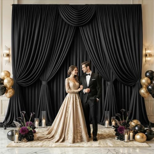 50x10 FT Black Backdrop Curtains for Weddings, Parties and Photo Booths in 50FT(W) x 10FT(H) in Black, alternate view 2