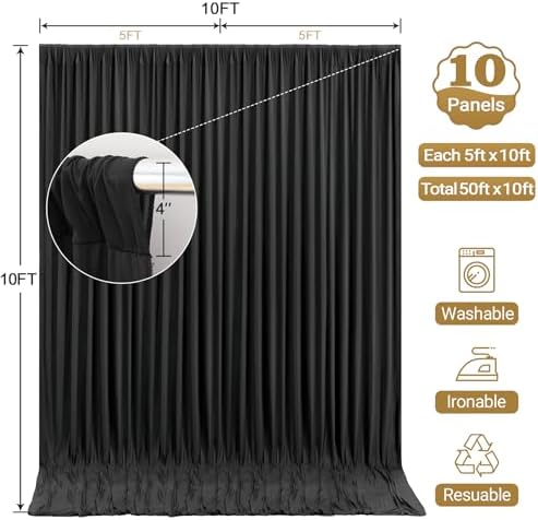 50x10ft Black Backdrop Curtain Panels for Parties - Wrinkle Free Polyester Photo Curtain Backdrop Wedding Back, alternate