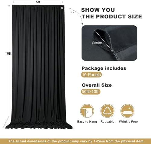 50x10ft Black Backdrop Curtains for Parties, 10 Panels 5x10ft Wrinkle-Free Polyester Background Curtains for, alternate view