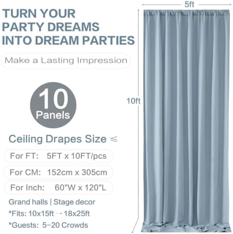 50x10FT Dusty Blue Backdrop Curtains, Polyester Drape for Parties in 50x10FT, alternate view 6